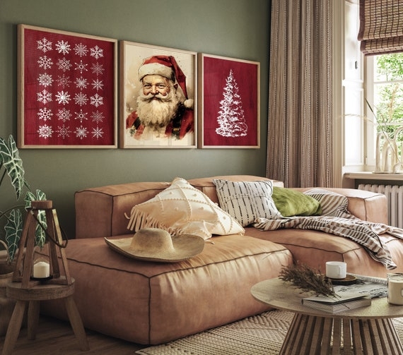 Framed Art Set: Rustic Trio of Red Christmas Prints for Holiday Decor