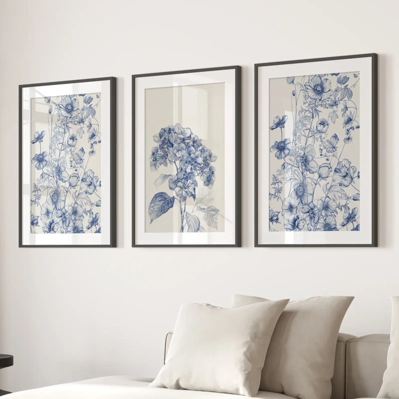 Framed Art Set Thin Dark Frames Blue Botanical Sketch Minimalist