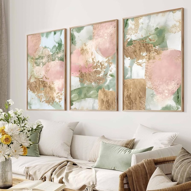 Framed Art Triptych: Sage Green and Blush Palette, Gold Leaf Accents.