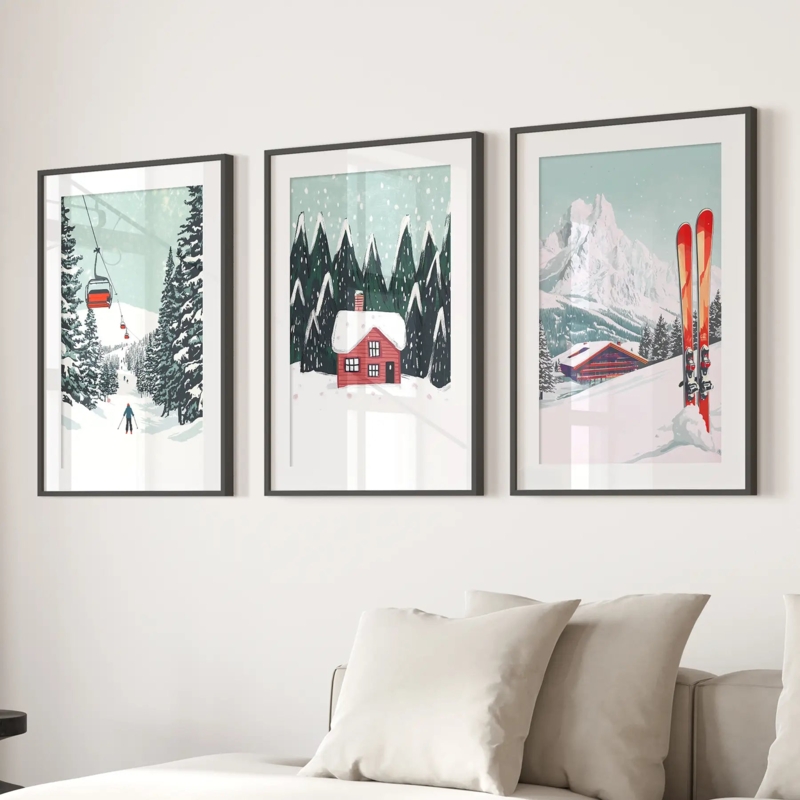 Framed Art Triptych: Set of 3 Ski Theme Illustrations, Red Cabin Motif