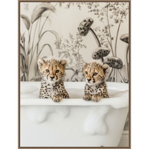 Framed Canvas Art Cheetah Cubs Bathtub Scene Whimsical Nursery Decor