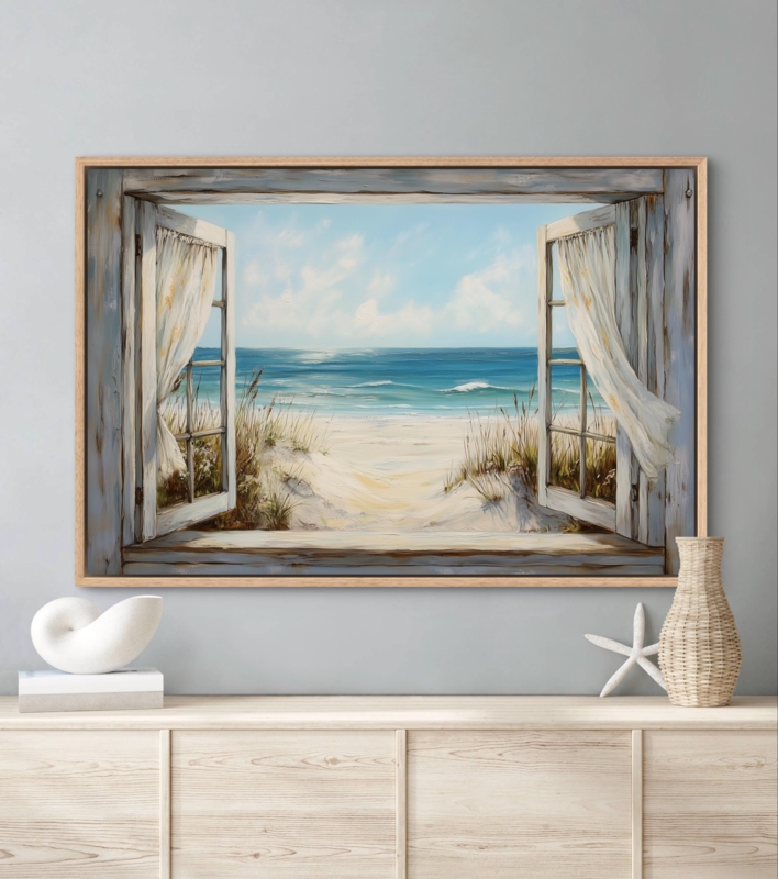 Framed Canvas Wall Art Trompe L'oeil Window View Coastal Beach Scene
