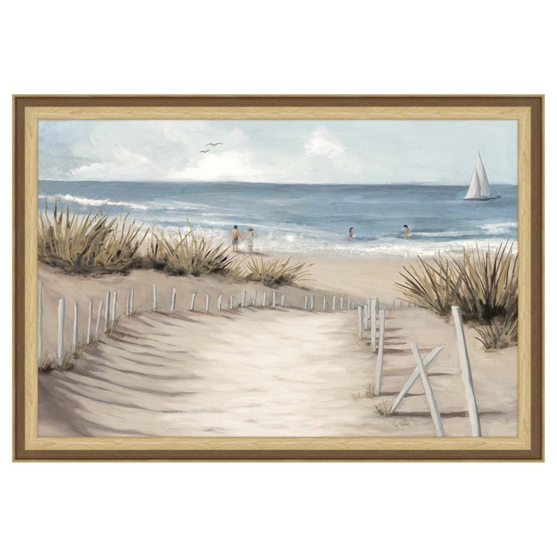 Framed Coastal Painting Dune Path Sailboat Motif Double Layered Frame