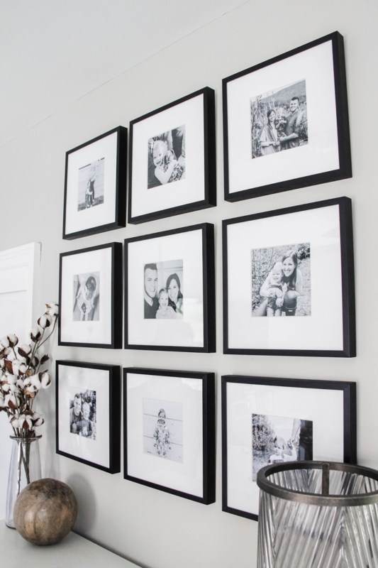 Framed Gallery Wall: Symmetrical 3x3 Grid with Black Square Frames