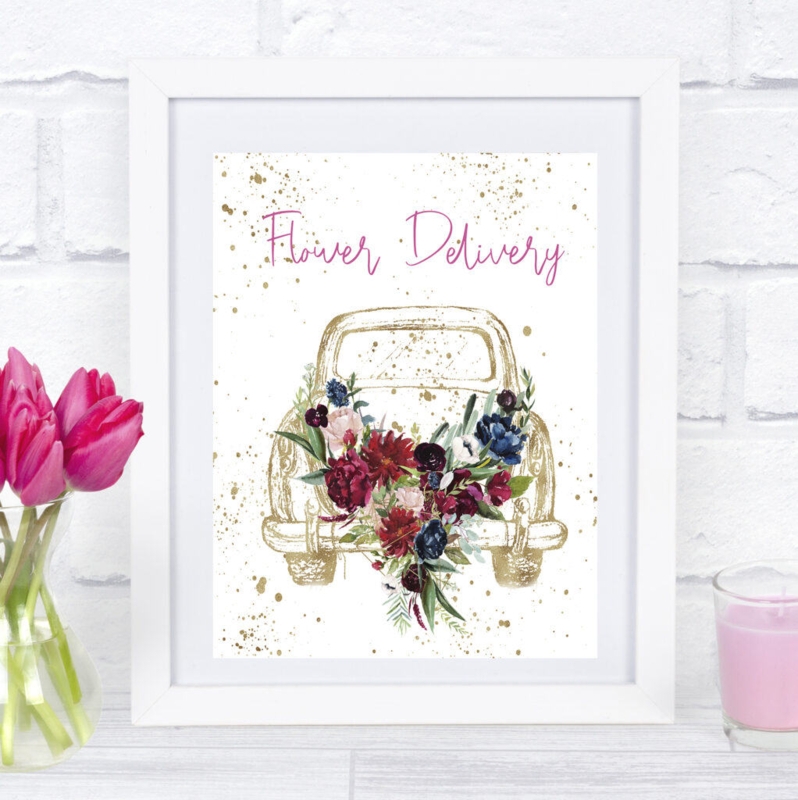 Framed Graphic Print, Vintage Car with Floral Bouquet