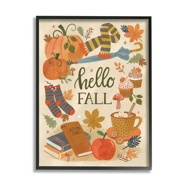Framed Graphic Wall Art with Cozy Fall Illustrations and Black Frame