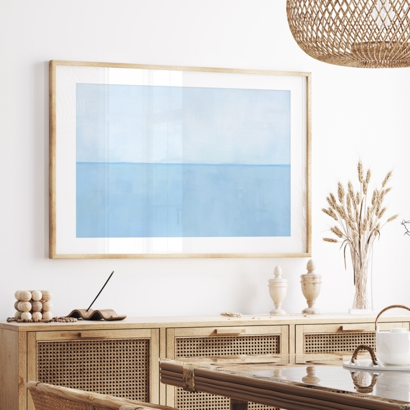 Framed Landscape Wall Art Abstract Horizon Thin Frame Minimalist Blue