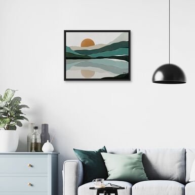 Framed Landscape Wall Art Mountain Scene Teal Accent Palette Serene Modern