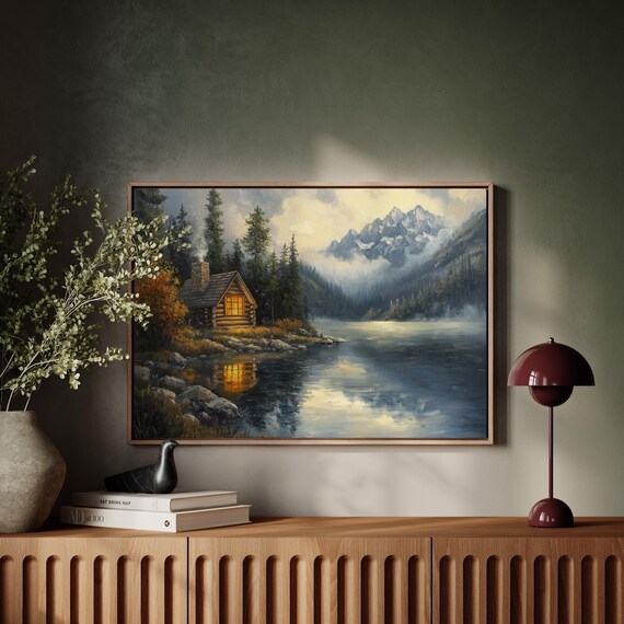 Framed Painting Mountain Landscape Painterly Texture Cabin