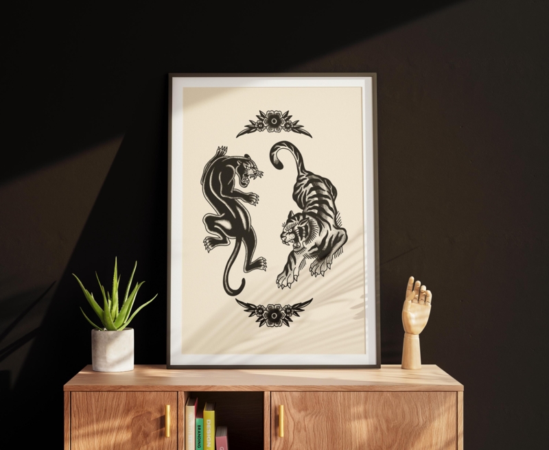 Framed Print American Traditional Panther Tiger Motif Tattoo Art