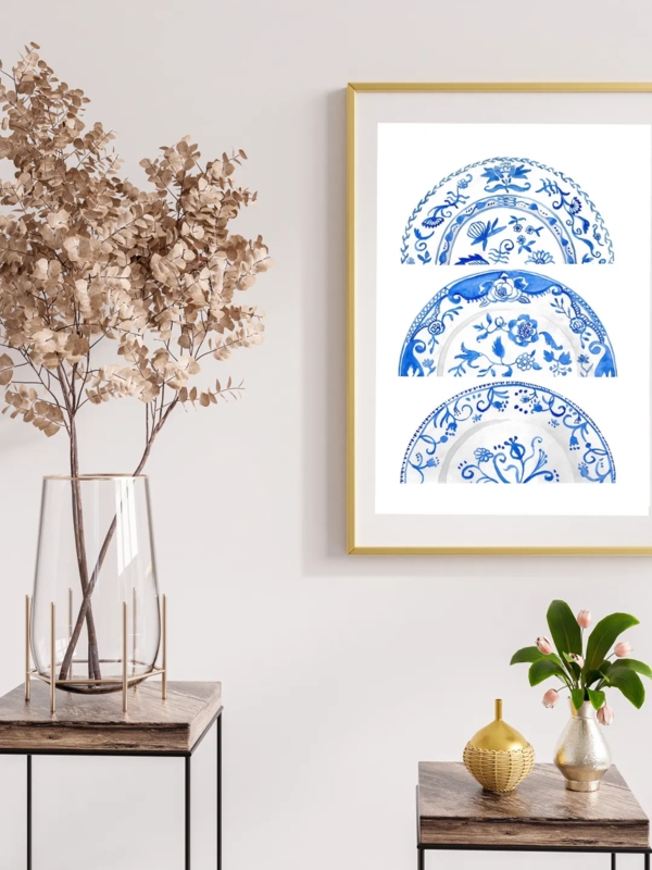 Framed Print Gold Thin Frame Blue Watercolor Plates Chinoiserie