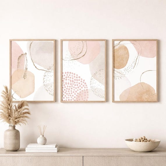 Framed Prints Triptych: Organic Abstract Shapes, Gold Speckled Pattern.