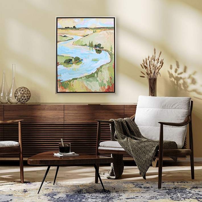 Framed River Landscape Wall Art, Painterly Texture