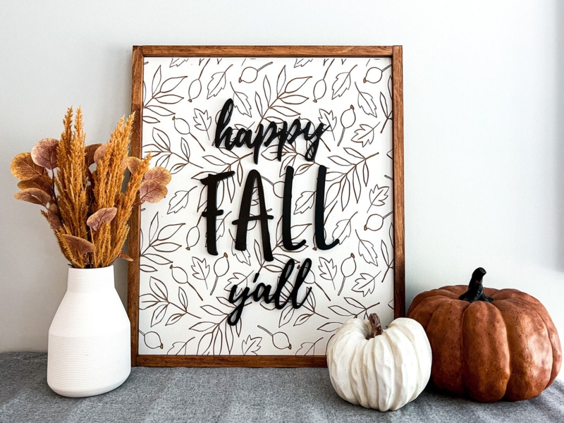Framed Seasonal Sign with 3D Lettering and Leaf Line Art Pattern