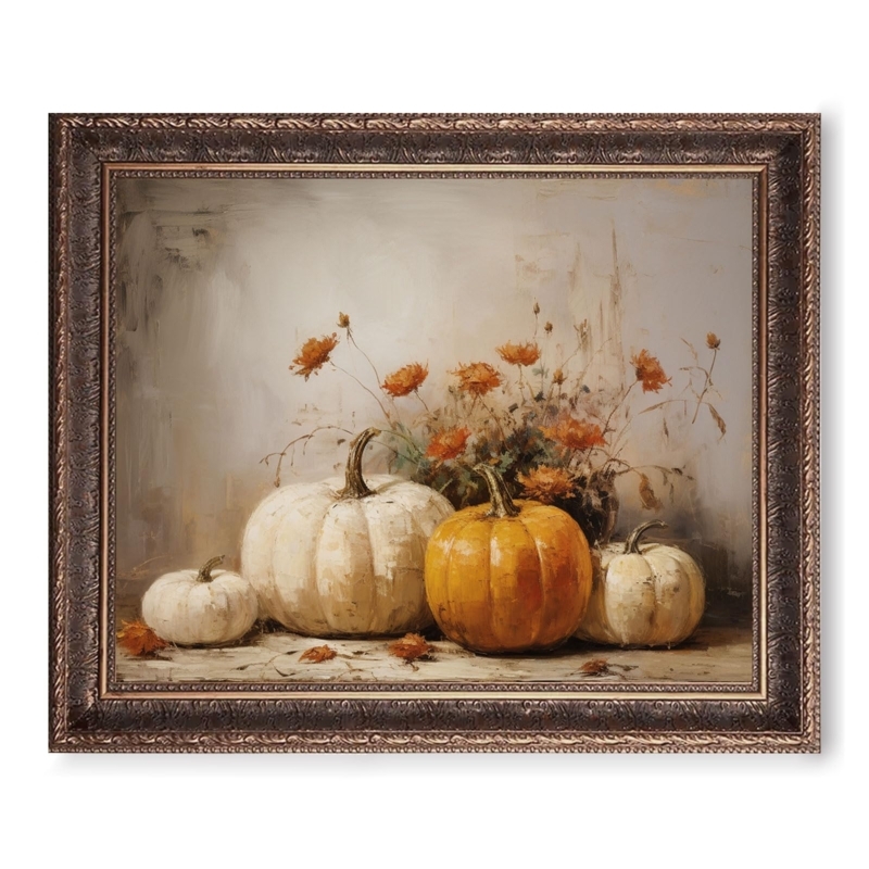 Framed Still Life Painting in Ornate Bronze Frame with Painterly Pumpkins
