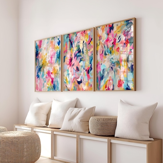 Framed Triptych Set: Abstract floral pattern, painterly texture, colorful.