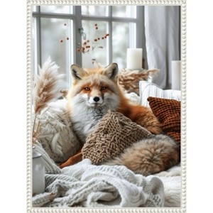 Framed Wall Art: Beaded Frame, Red Fox Subject, Cozy Textile Textures