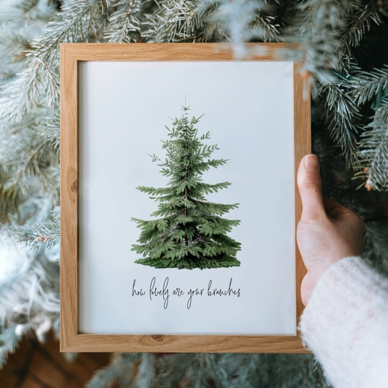 Framed Wall Art Botanical Christmas Tree Minimalist Holiday Decor Wood