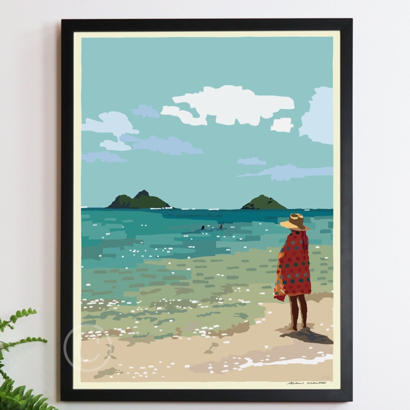 Framed Wall Art: Coastal Graphic Print with Red Polka Dot Accent