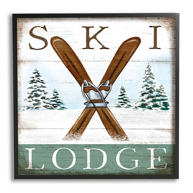 Framed Wall Art Crossed Skis Motif Teal Accent Weathered