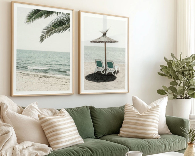 Framed Wall Art Duo Olive Green Sofa Striped Pillows Coastal Decor
