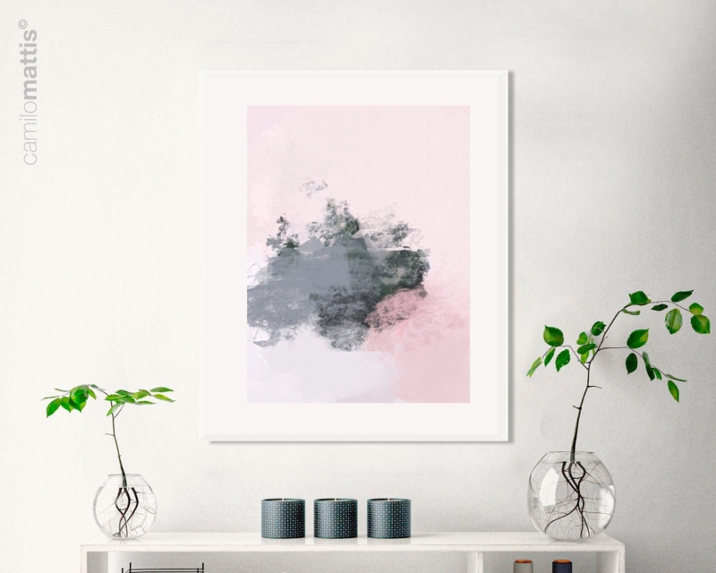 Framed Wall Art: Fluid Brush Strokes, White Matting, Charcoal Contrast.