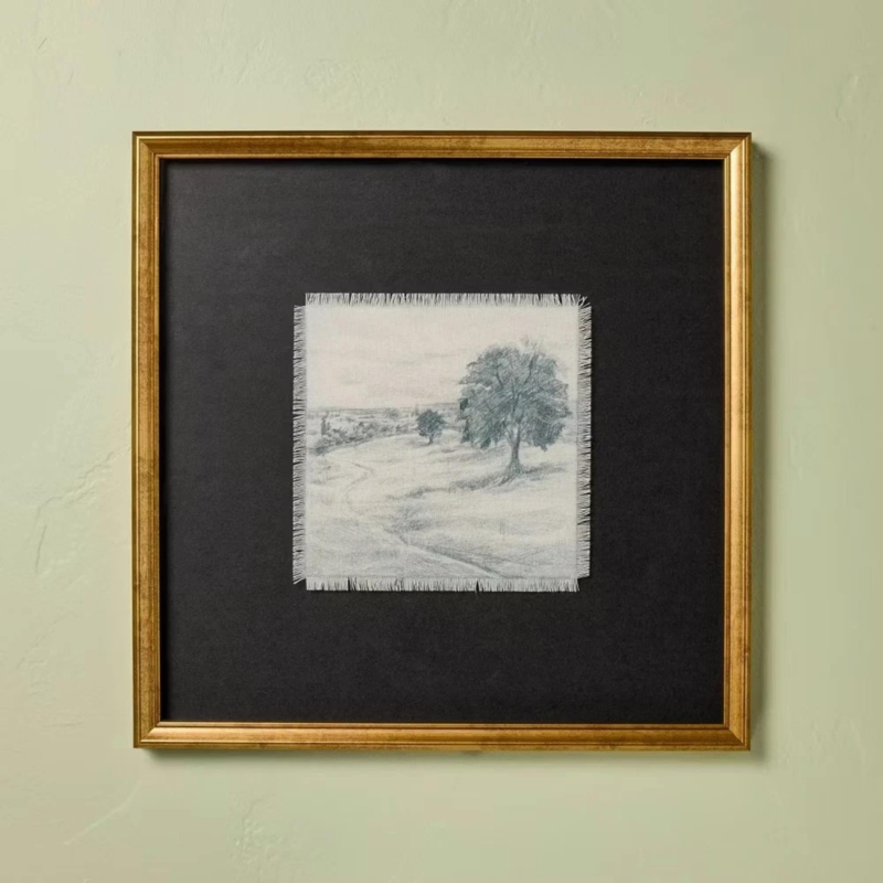 Framed Wall Art Frayed Fabric Edges Antique Gold Square Landscape