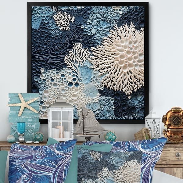 Framed Wall Art Layered Coral Collage Navy And White Coastal