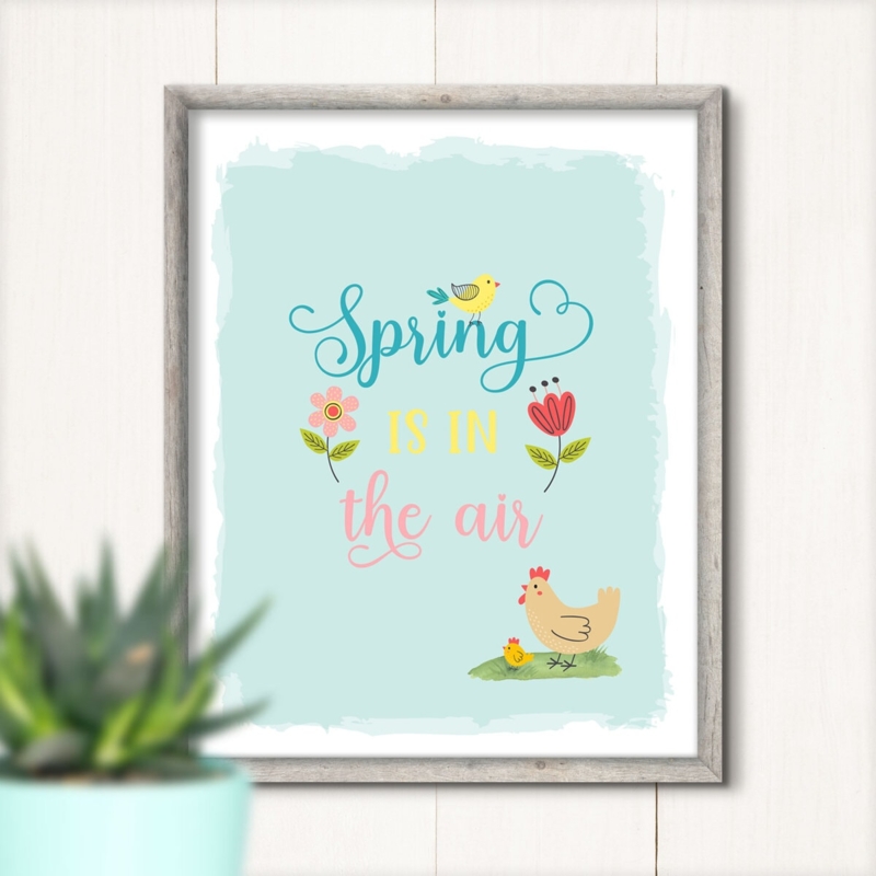 Framed Wall Art, Light Blue Spring Illustration with Hen