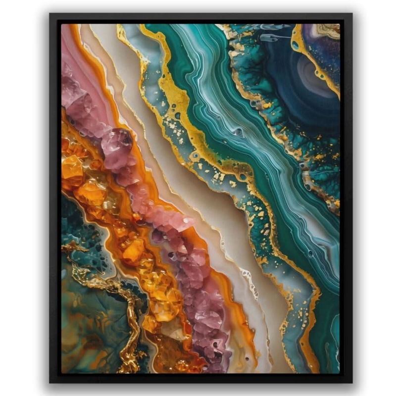 Framed Wall Art: Metallic gold accents, crystalline textures.