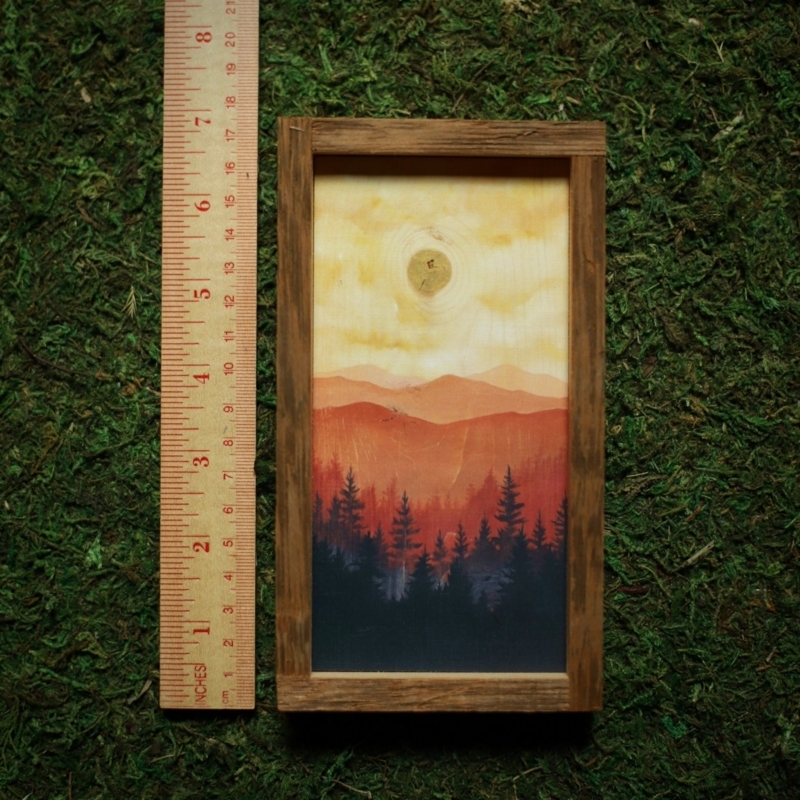 Framed Wall Art Mini Scale Wood Grain Texture Warm Sunset Landscape.