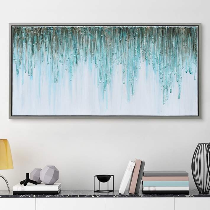 Framed Wall Art: Oversized Abstract Teal and Gold Vertical Drip