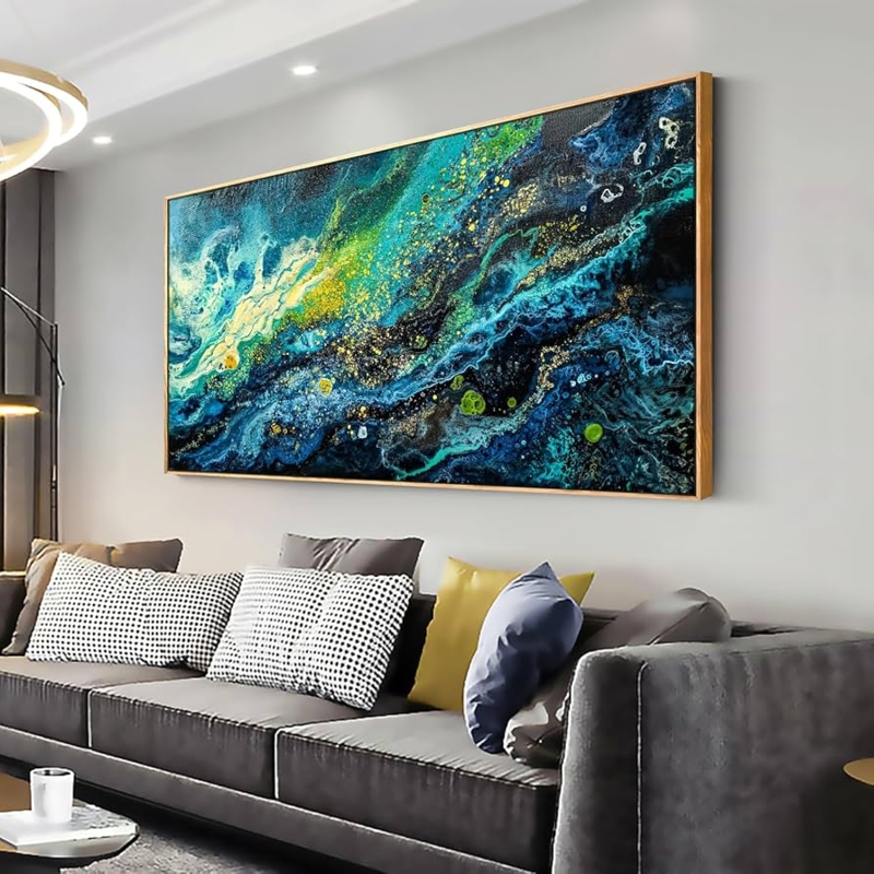 Framed Wall Art Oversized Panoramic Fluid Organic Movement Gold Toned