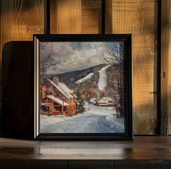 Framed Wall Art: Painterly Winter Mountain Lodge Painting