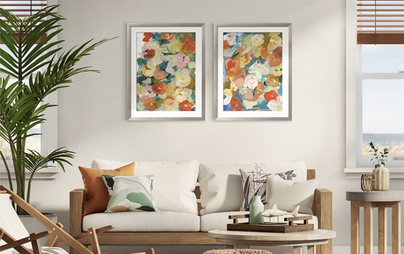 Framed Wall Art Pair, Abstract Floral Prints, Symmetrical Arrangement