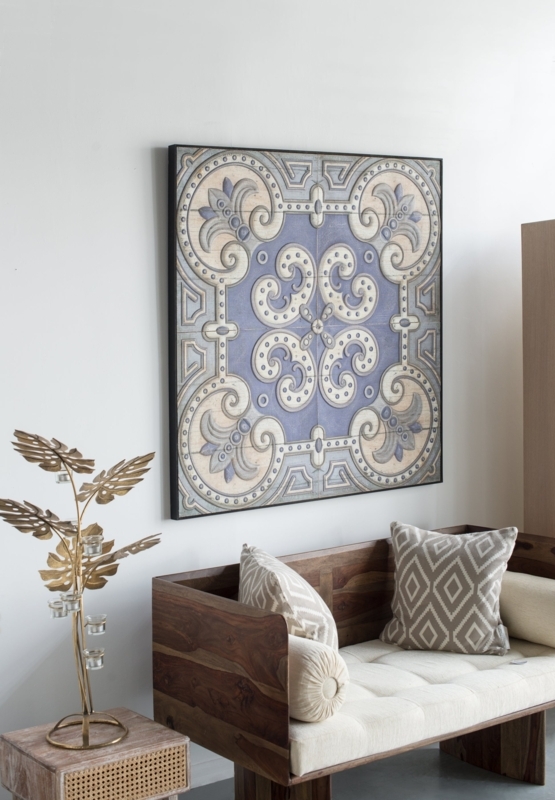 Framed Wall Art Panel Large Embossed Scrollwork Periwinkle Blue Style