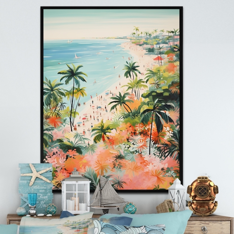 Framed Wall Art Pastel Pink Turquoise Coastal Beach Illustration