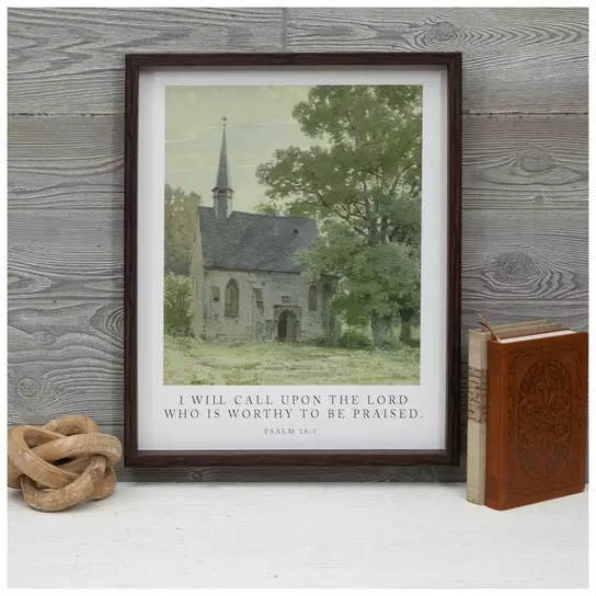 Framed Wall Art: Psalm Text, Church Illustration, Dark Wood Frame