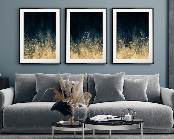 Framed Wall Art Set featuring Gold Splash Detail on Navy