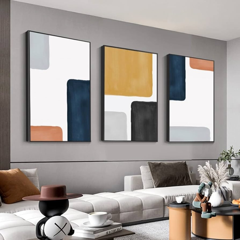 Framed Wall Art Set, Navy and Ochre Geometric Triptych