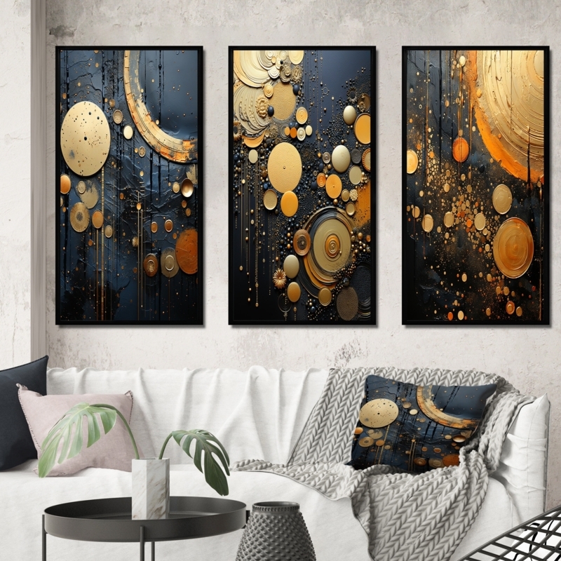 Framed Wall Art Set: Navy Blue Metallic Gold Circles, Abstract Triptych
