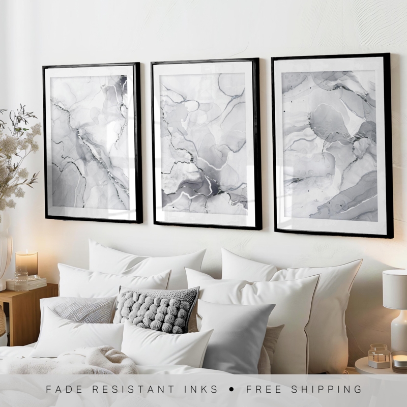 Framed Wall Art Set of 3 Marble Veining Prints Minimalist Grey