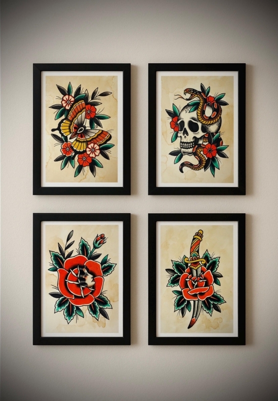 Framed Wall Art Set of 4 American Traditional Tattoo Flash Prints
