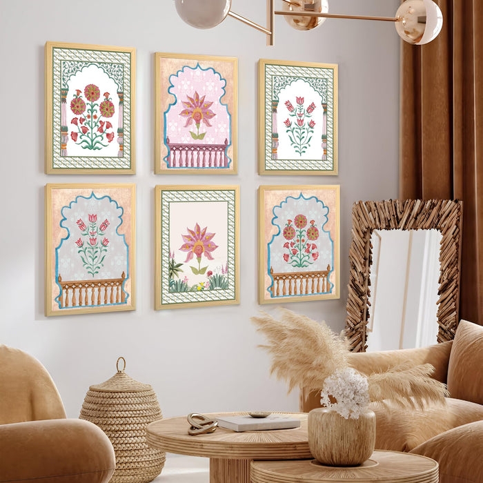 Framed Wall Art Set of Six Lotus Floral Motifs with Arched Borders