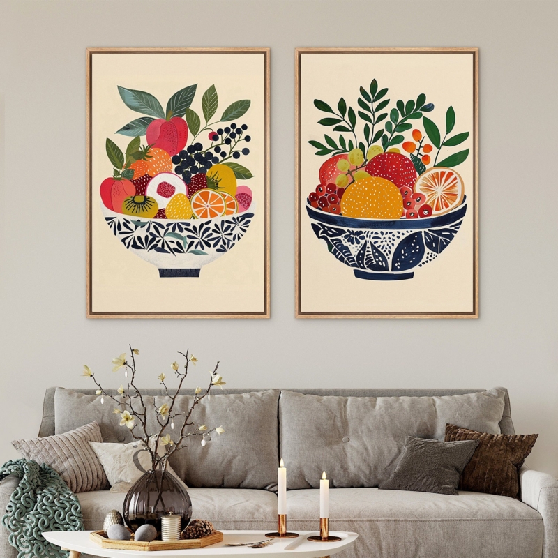 Framed Wall Art Set Vibrant Fruit Bowl Motif Wood Frames
