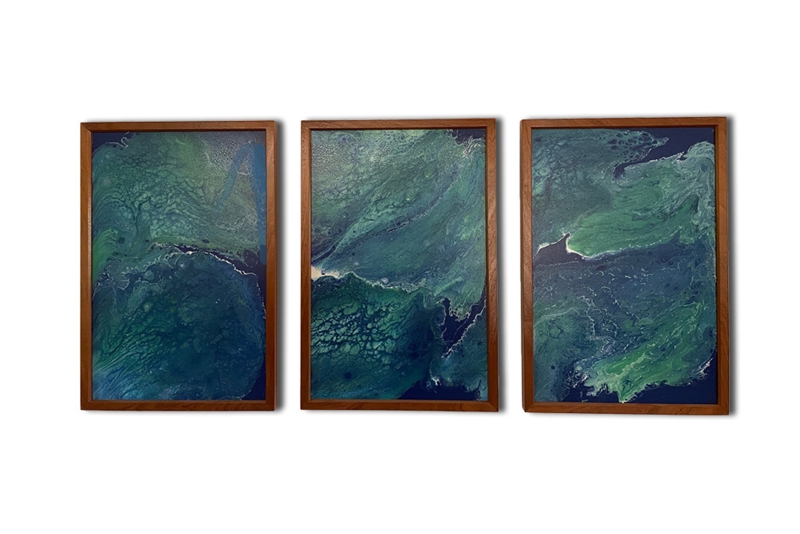 Framed Wall Art Three Piece Set with Fluid Abstract Design