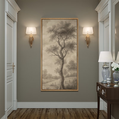 Framed Wall Art Traditional Extra Large Vertical Sepia Tone Tree Sketch