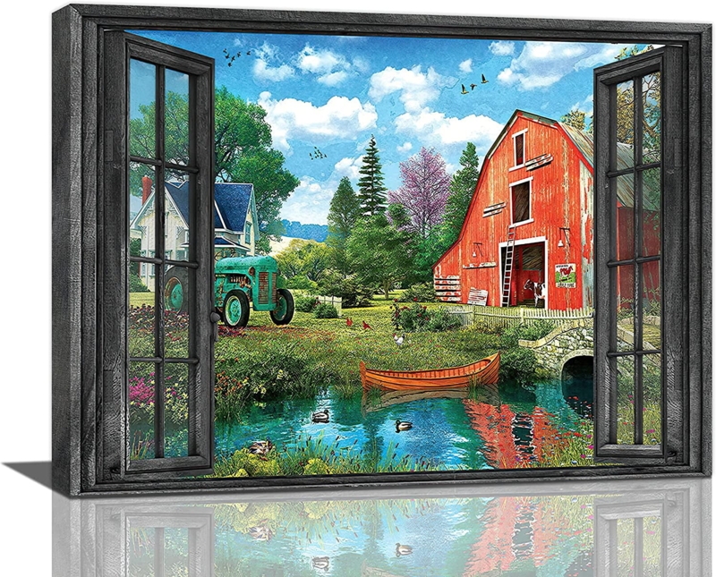 Framed Wall Art Trompe L'oeil Window Faux Red Barn Landscape View Canvas