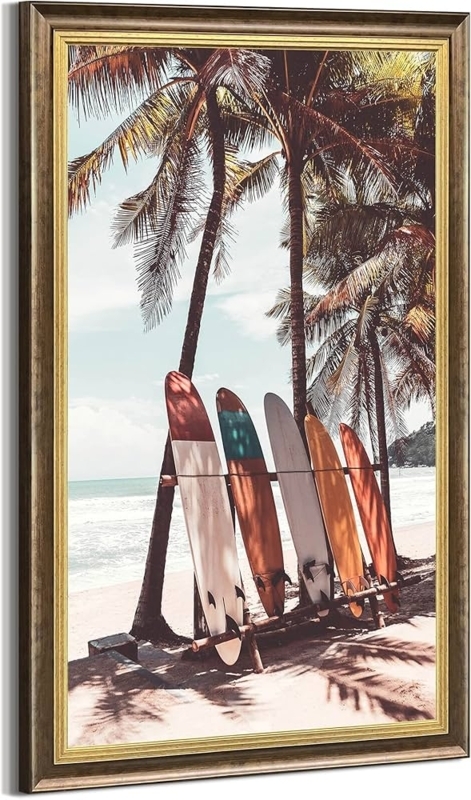 Framed Wall Art Vertical Canvas Colorful Surfboards Palm Trees