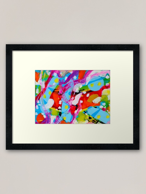 Framed Wall Art: Vibrant Multicolored Abstract Print in Black Frame.